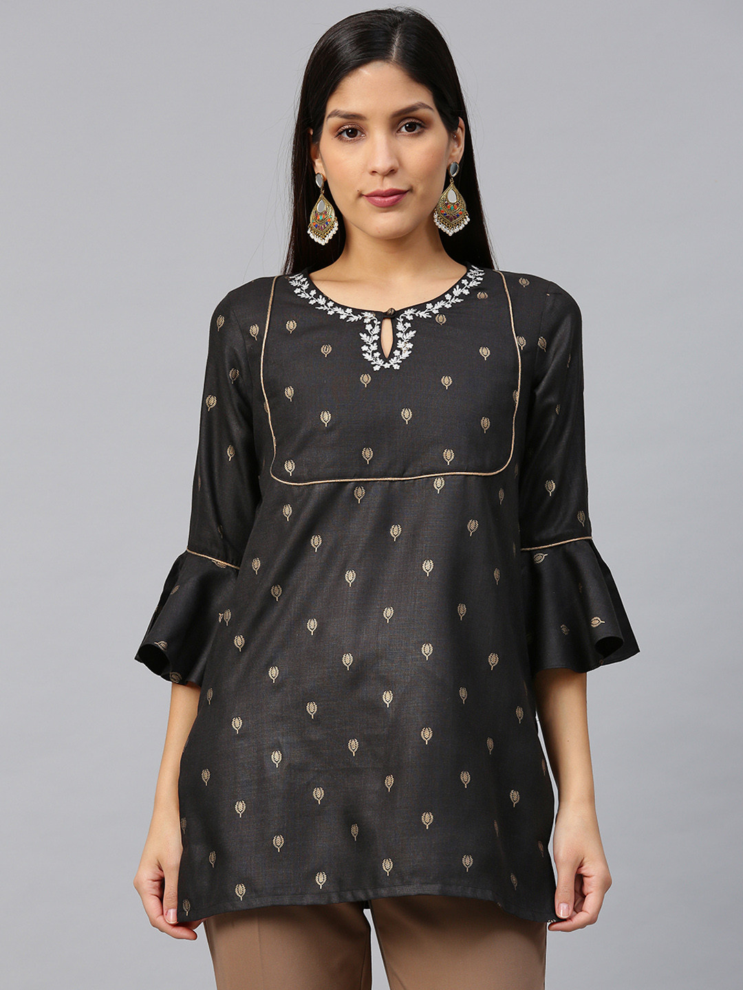 Bhama Couture Women Black & Golden Printed Pure Cotton Straight Kurti