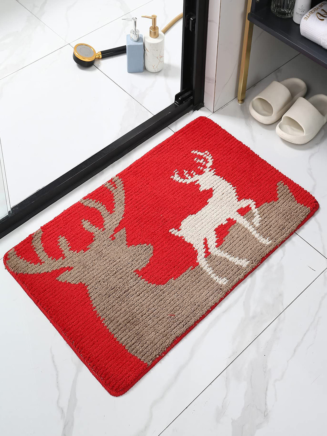 HOKIPO Red & Brown Woven-Design Premium Anti-Slip Bath Mat