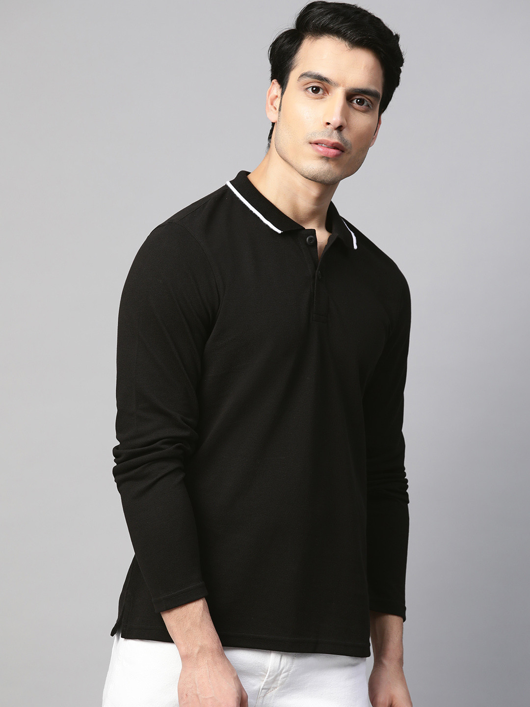ManQ CASUAL Men Black Solid Polo Slim Fit Pure Cotton T-shirt
