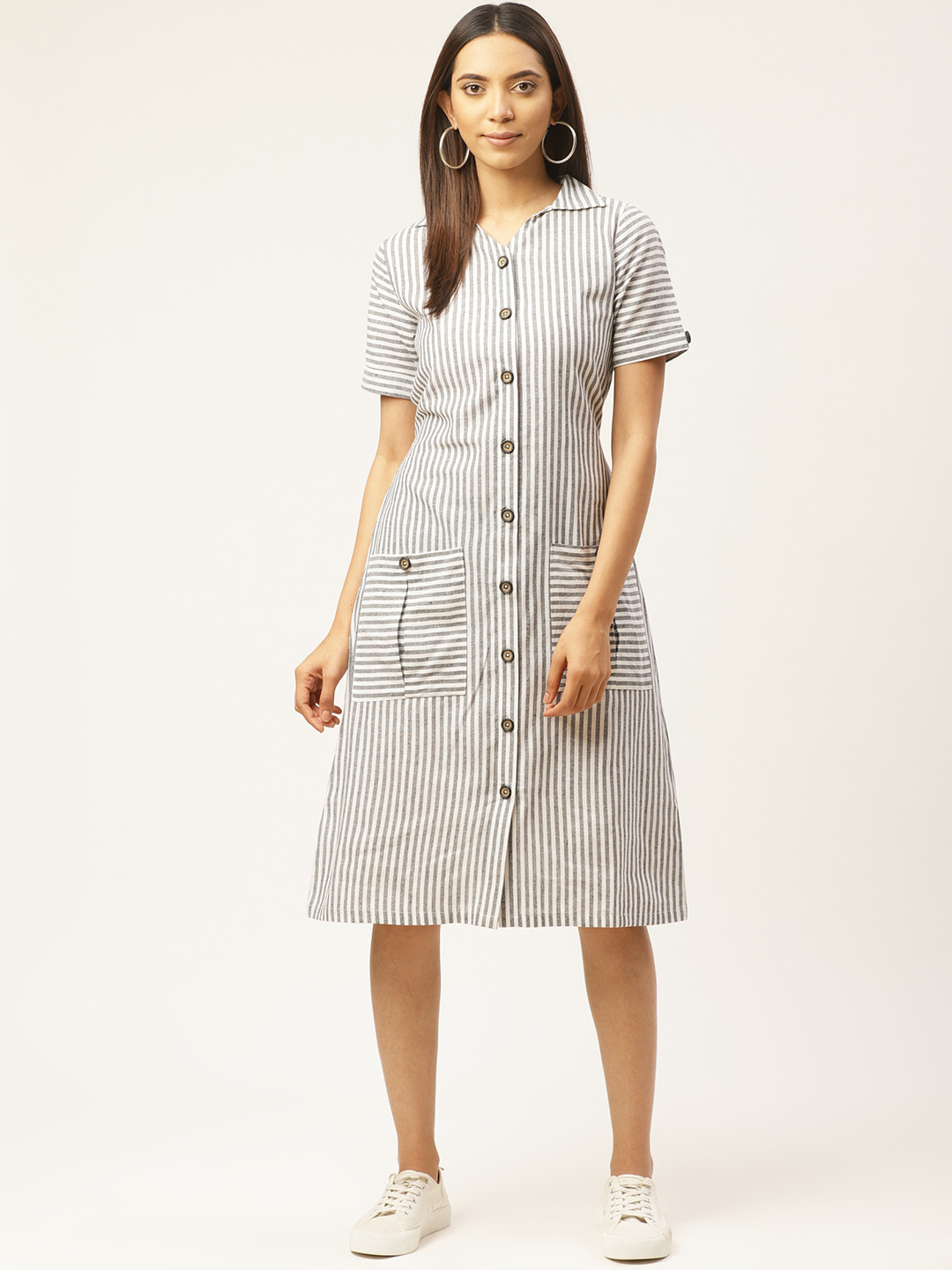 Cottinfab Women Off-White & Black Striped Shirt Dress