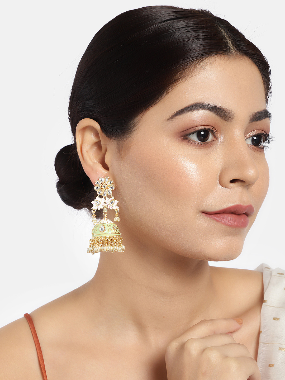 LAIDA Green & Gold-Plated Handcrafted Enamelled Jhumkas