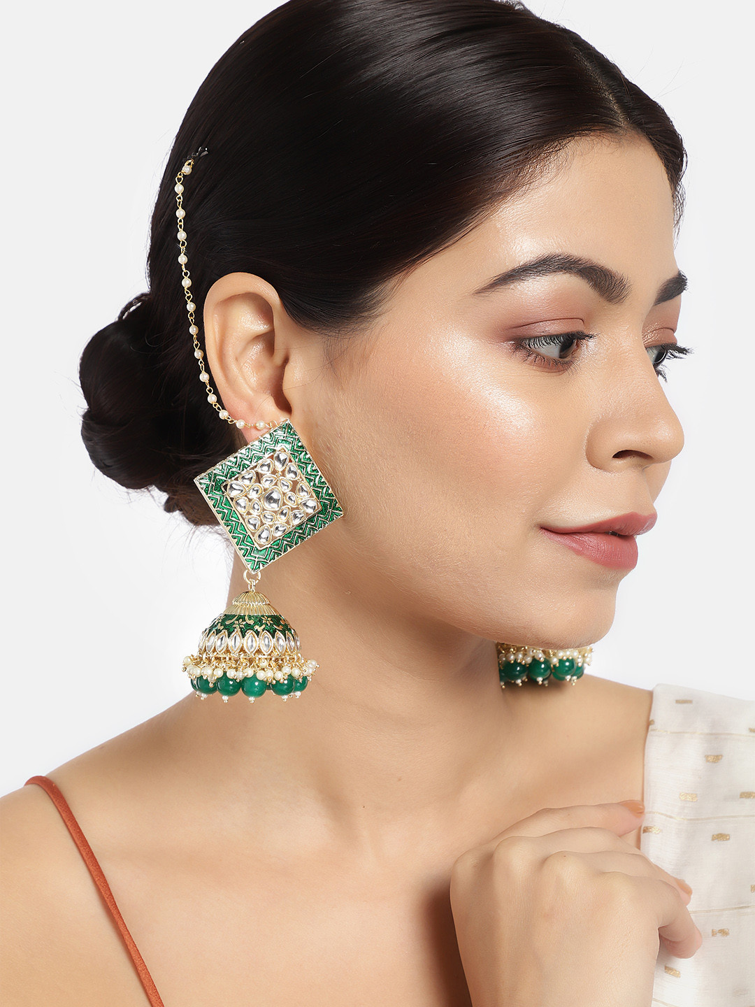 LAIDA Green Gold-Plated Hand Painted Dome Shaped Jhumkas with Ear Chain