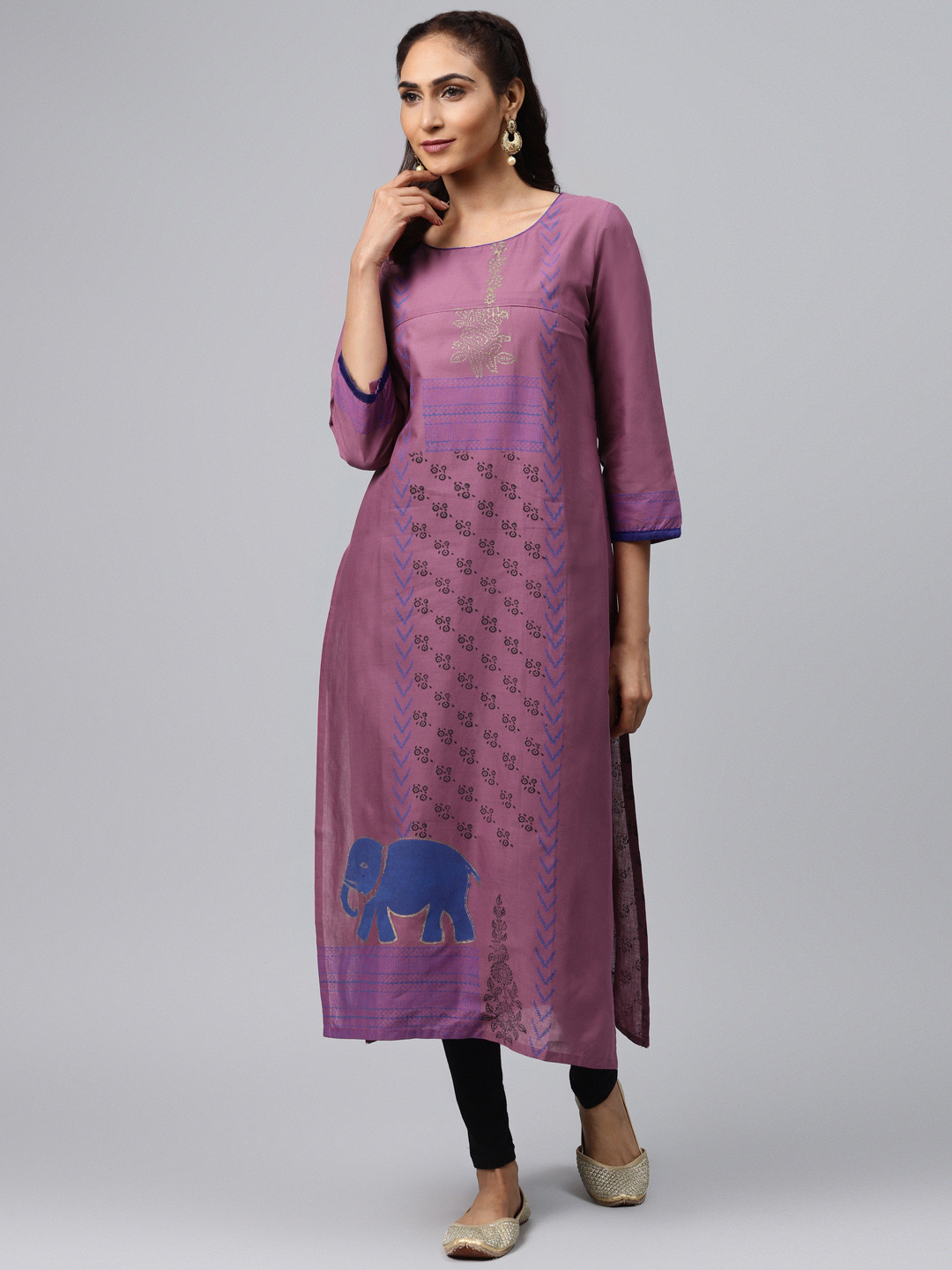 Akshatani Women Mauve & Blue Hand Block Print Straight Kurta