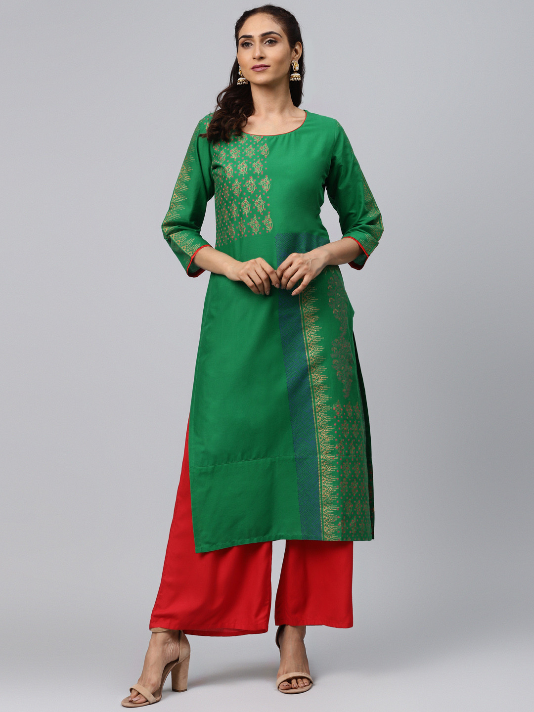 Akshatani Women Green & Golden Hand Block Print Straight Kurta