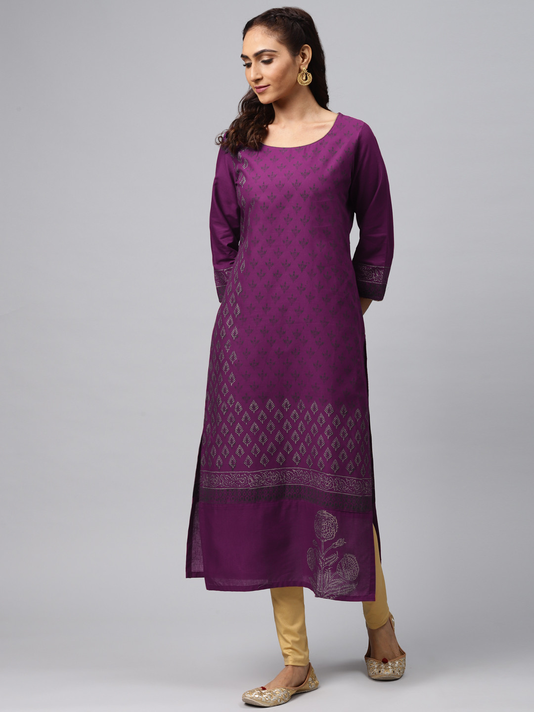 Akshatani Women Purple & Black Hand Block Print Straight Kurta