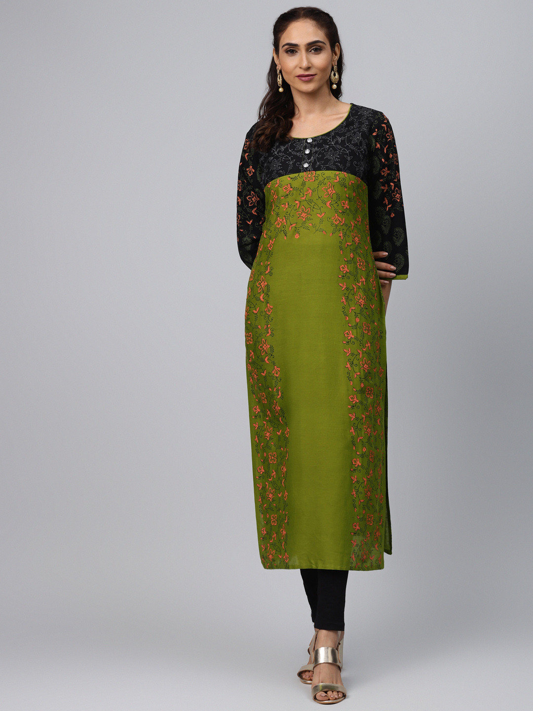 Akshatani Women Olive Green & Black Hand Block Print Straight Kurta