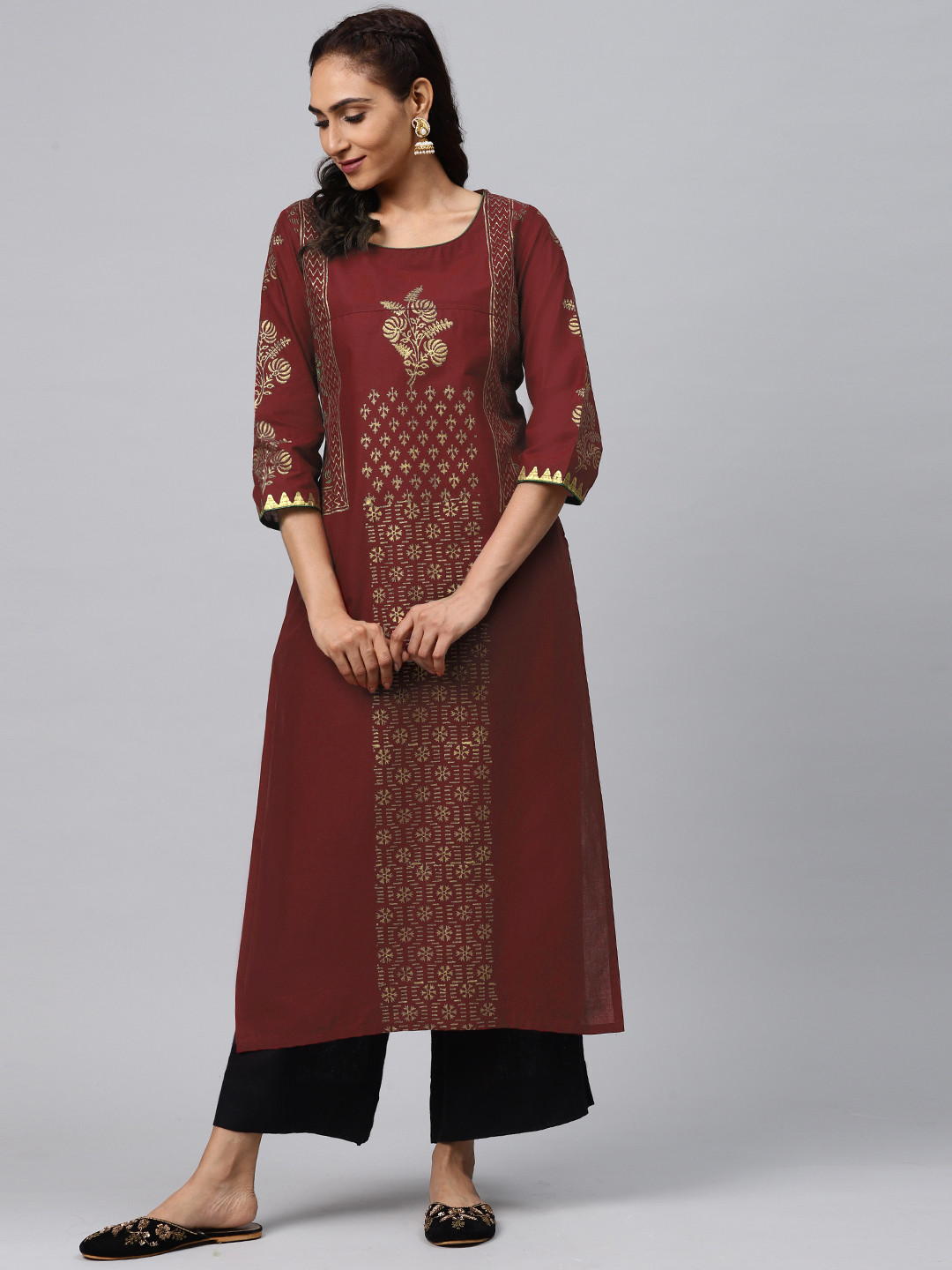 Akshatani Women Maroon & Golden Hand Block Print Straight Kurta