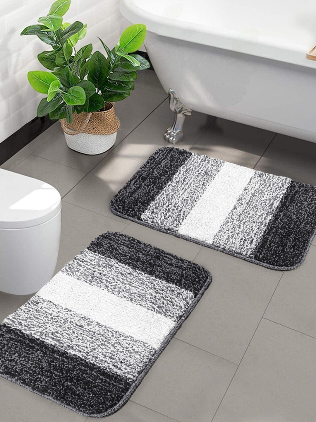 Saral Home Set of 2 Black & Grey Striped Water Absorbent Anti Skid Bath Rugs
