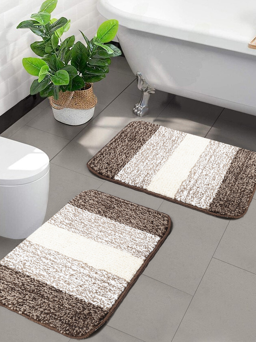 Saral Home Pack Of 2 Brown & Beige Striped Anti-Skid Bath Mats