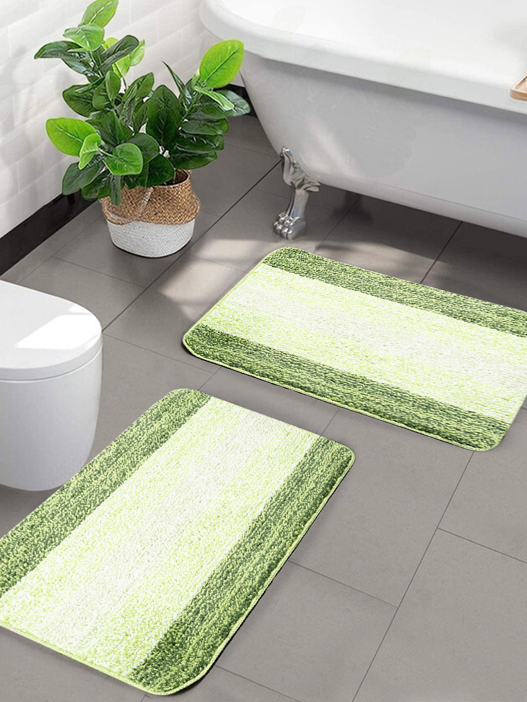 Saral Home Set Of 2 Green & Lime Green Striped Anti-Skid Bath Mats