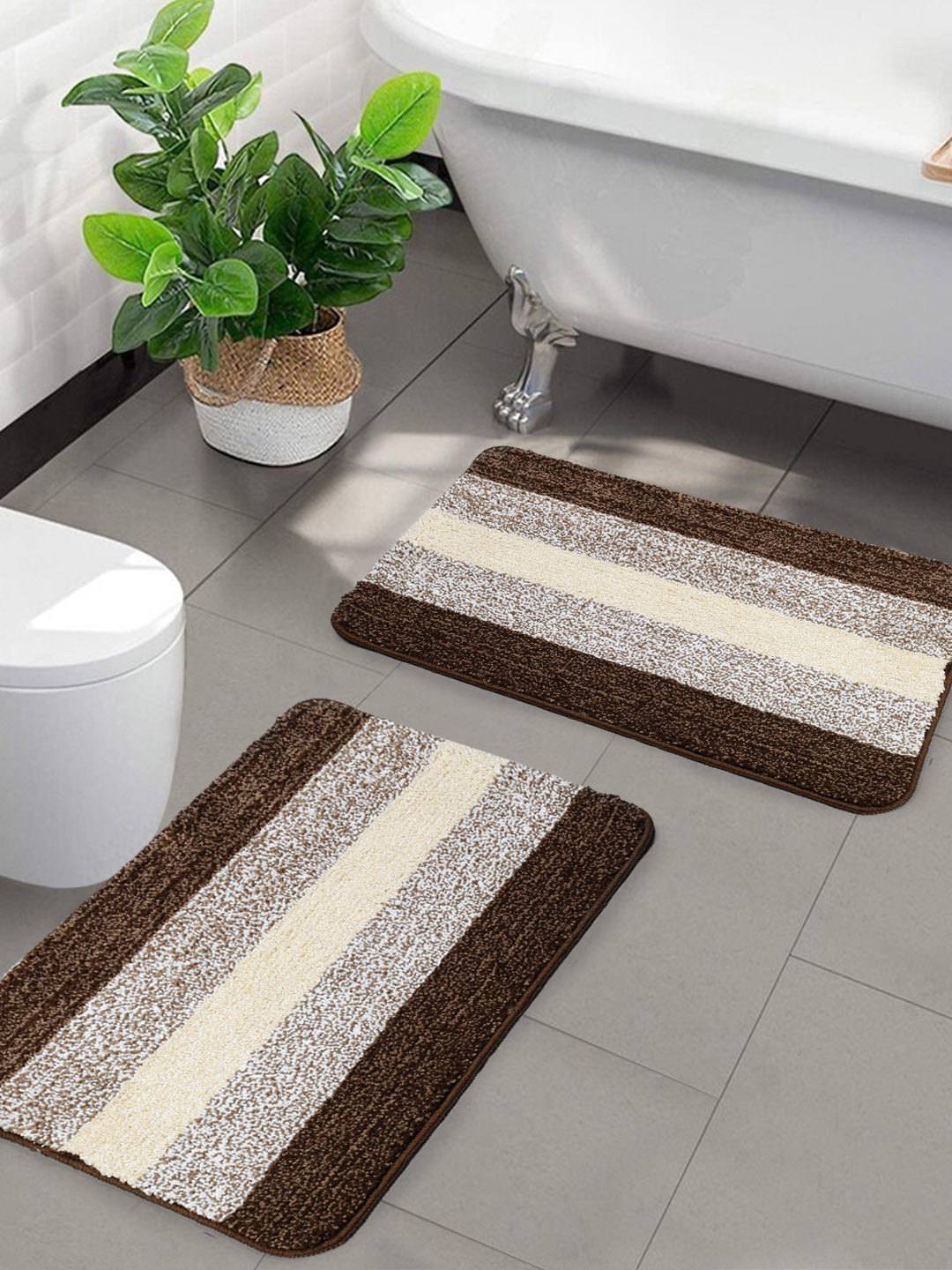 Saral Home Set Of 2 Brown & Beige Striped Soft Microfiber Anti-Skid Bath Rugs
