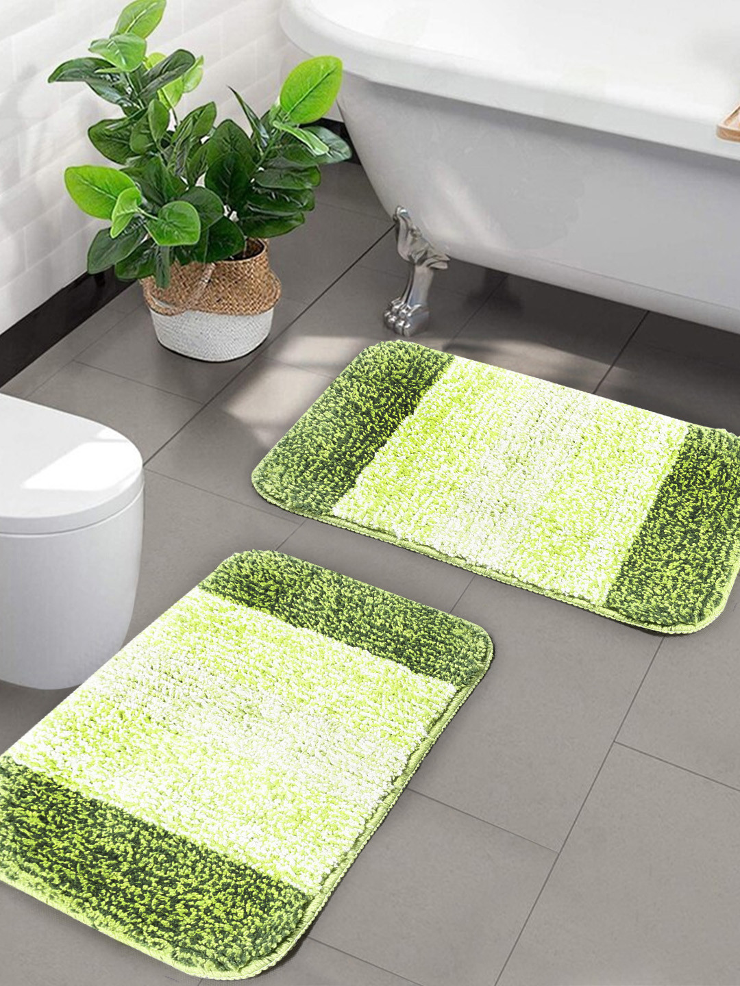 Saral Home Set Of 2 Green & Lime Green Striped Anti-Skid Bath Mats