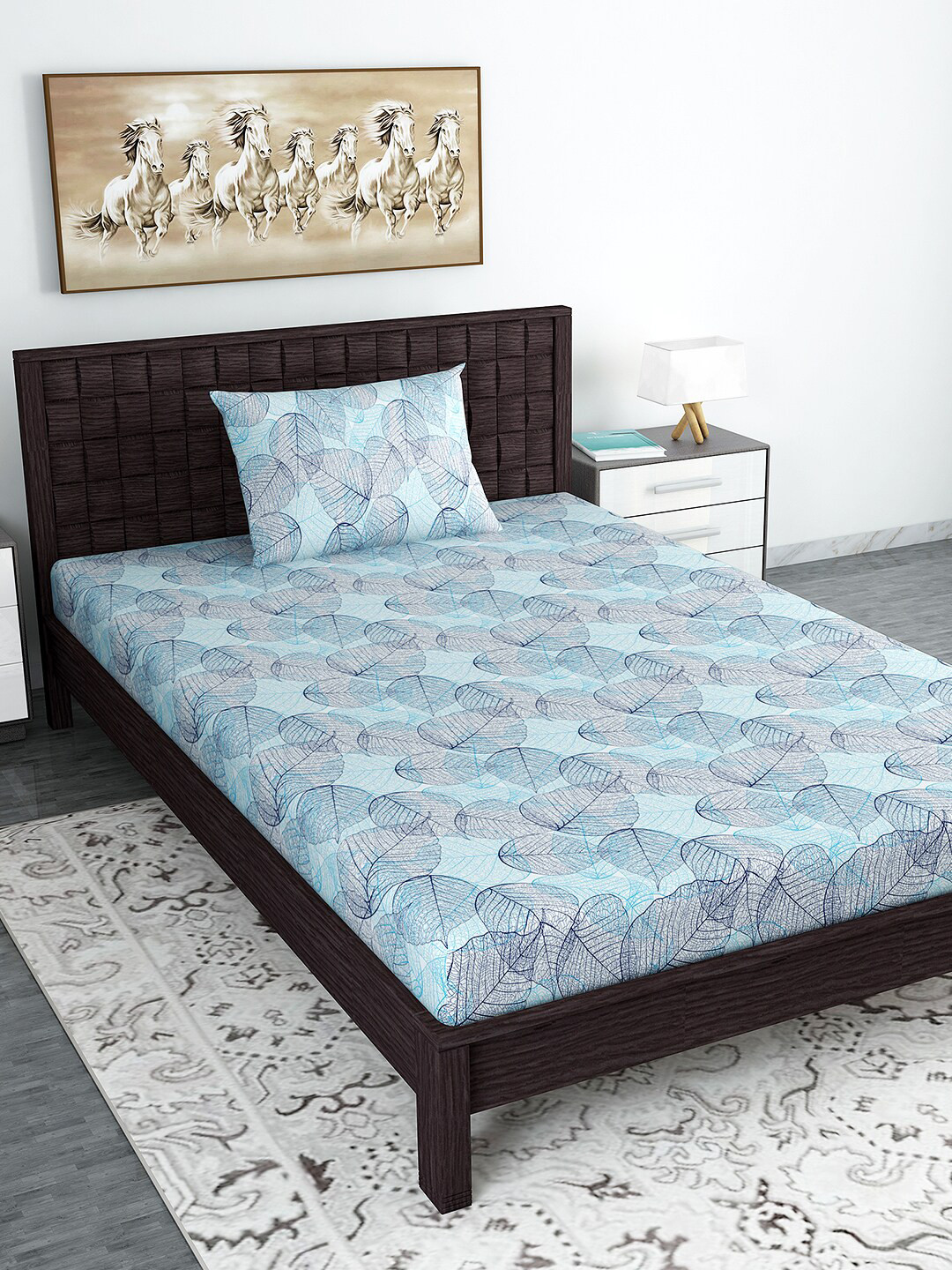 Divine Casa Blue Leaf Cotton 120 TC Single Fine Bedsheet with a Pillow Cover-57 x 88 inches