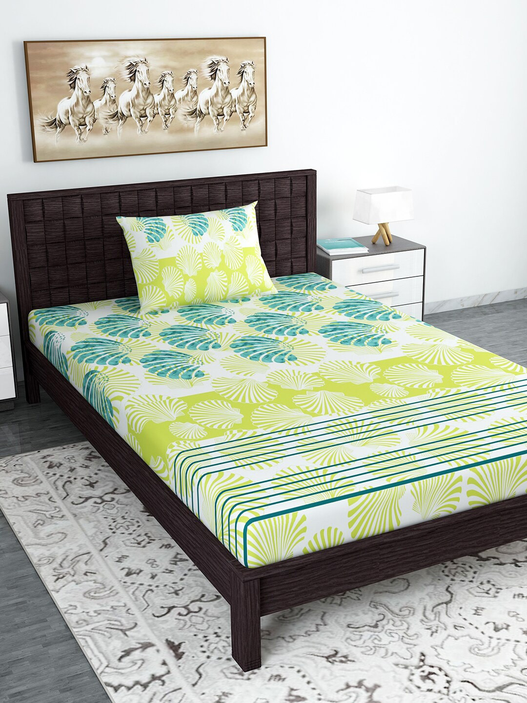 Divine Casa White Graphic Cotton 120 TC Single Bedsheet with a Pillow Cover-88 x 57 inches