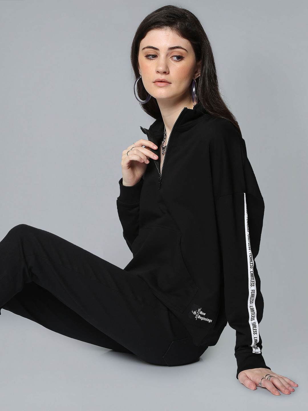 Flying Machine Women Black Solid Sweatshirt with Stripe Detailed Sleeve