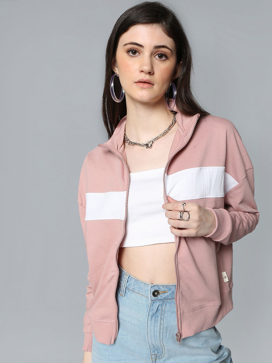 Flying Machine Women Pink & White Striped Sweatshirt