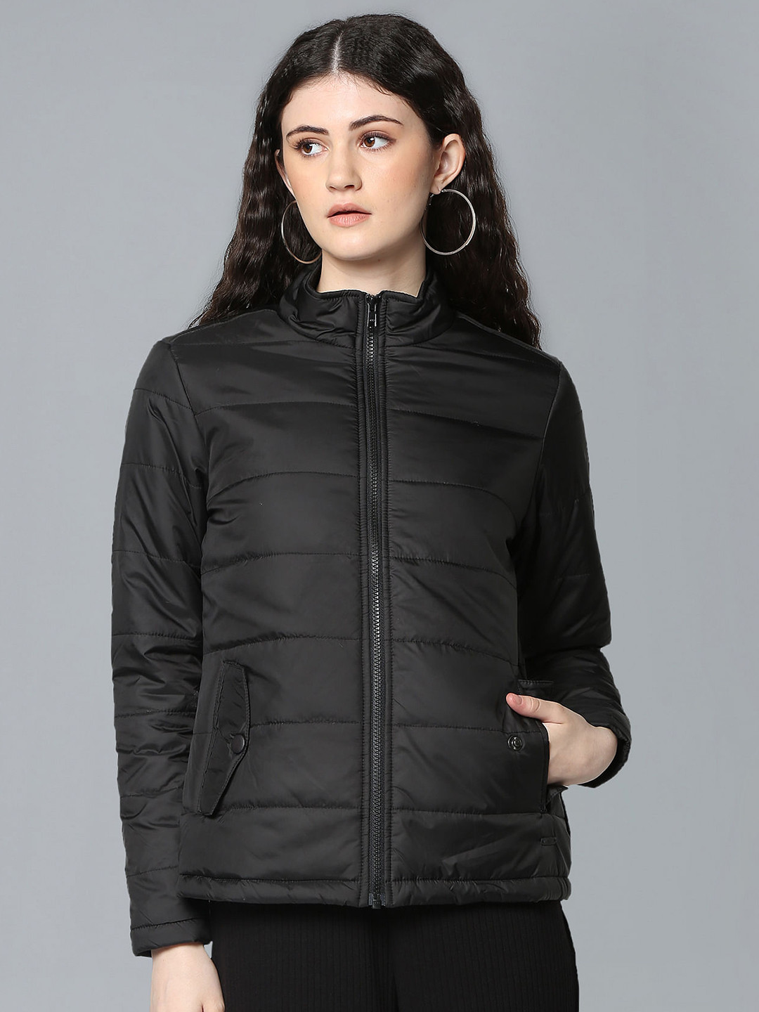 Flying Machine Women Black Solid Lightweight Padded Jacket