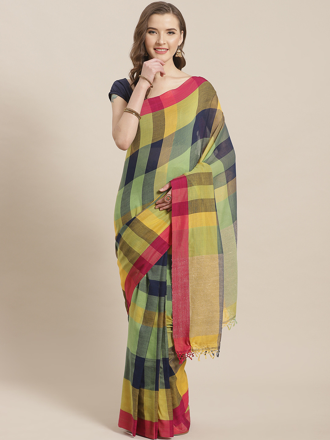 ADITRI Handloom Green & Yellow Checked Saree