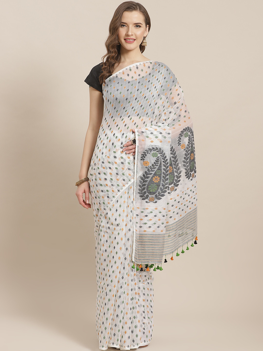 ADITRI Handloom White & Green Woven Design Silk Cotton Jamdani Saree