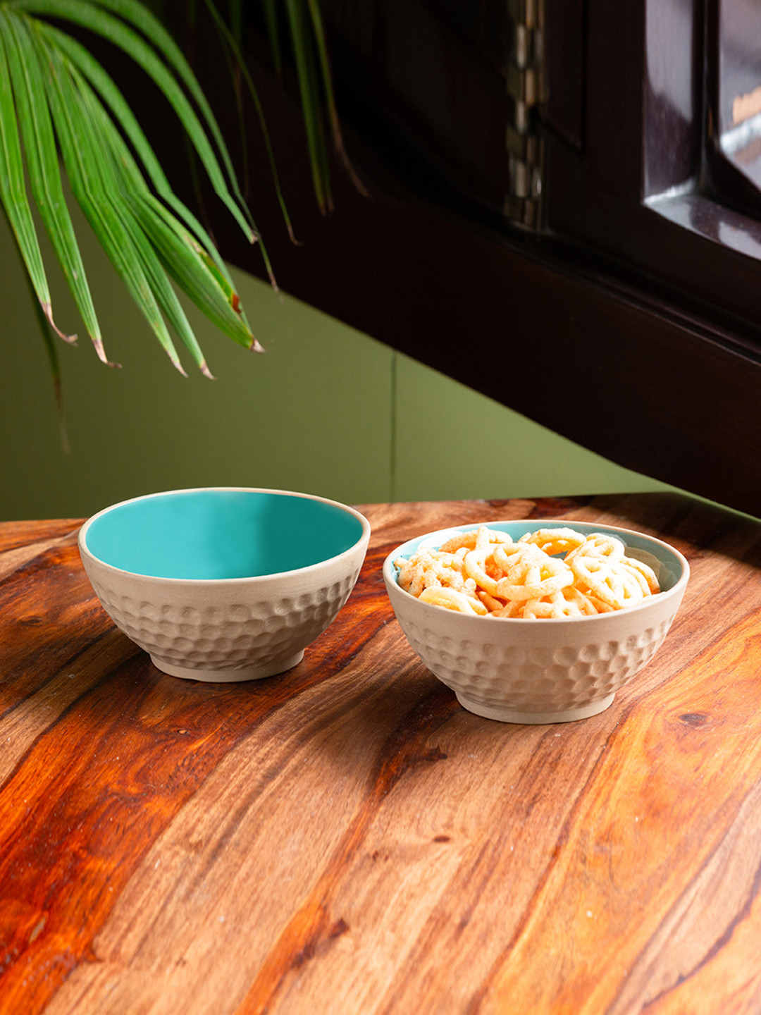 ExclusiveLane Set Of 2 Turquoise Hand Glazed Ceramic Serving Bowls - 380 ML