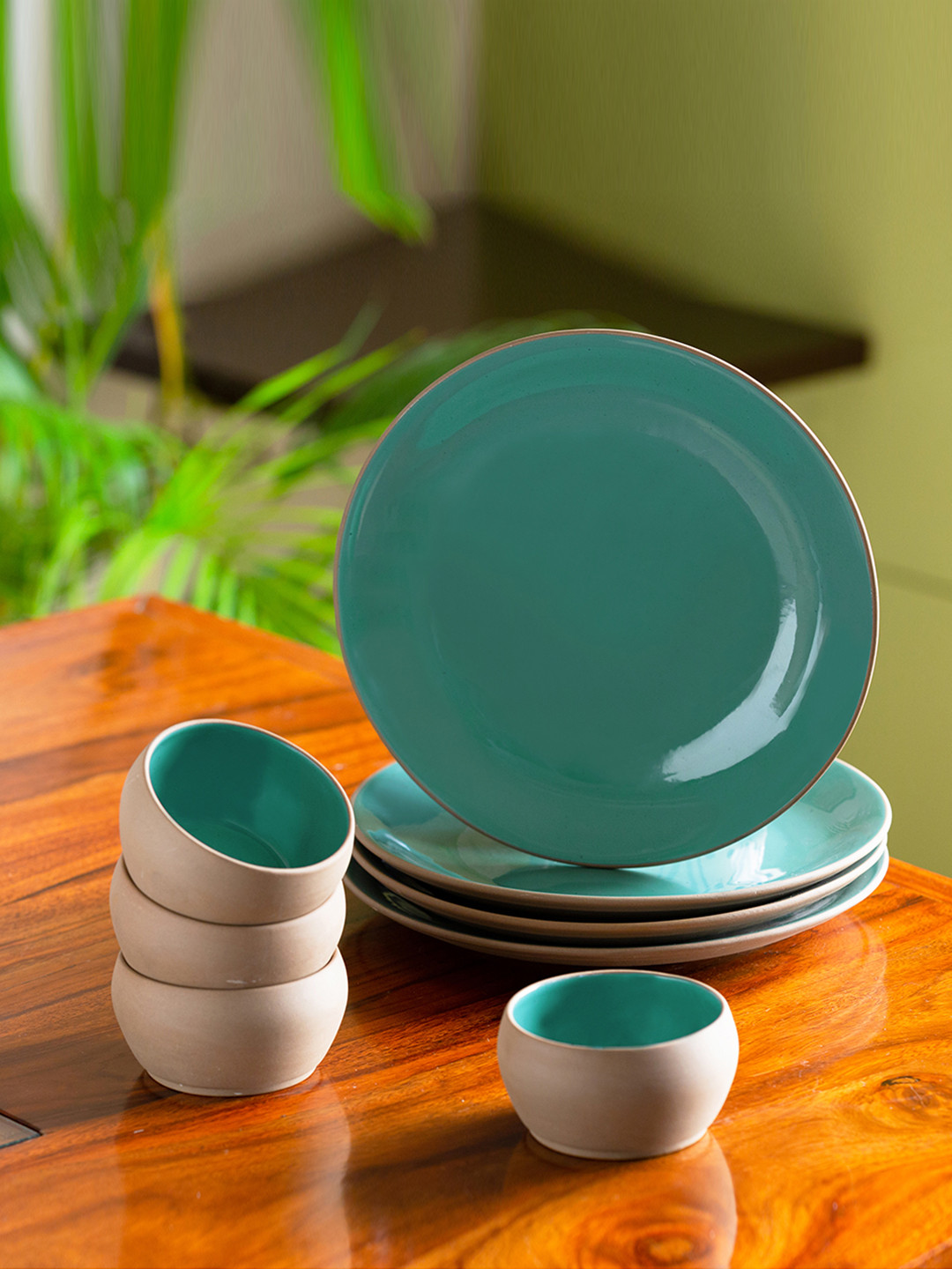 ExclusiveLane Sea Green Set Of 8 Hand Glazed Ceramic Dinner Plates With Serving Bowls