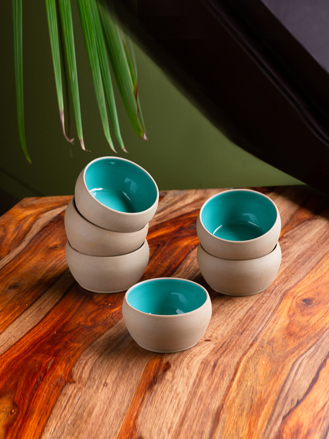 ExclusiveLane Turquoise Blue & Beige Set Of 6 Ceramic Dining Bowls 180 ML Each