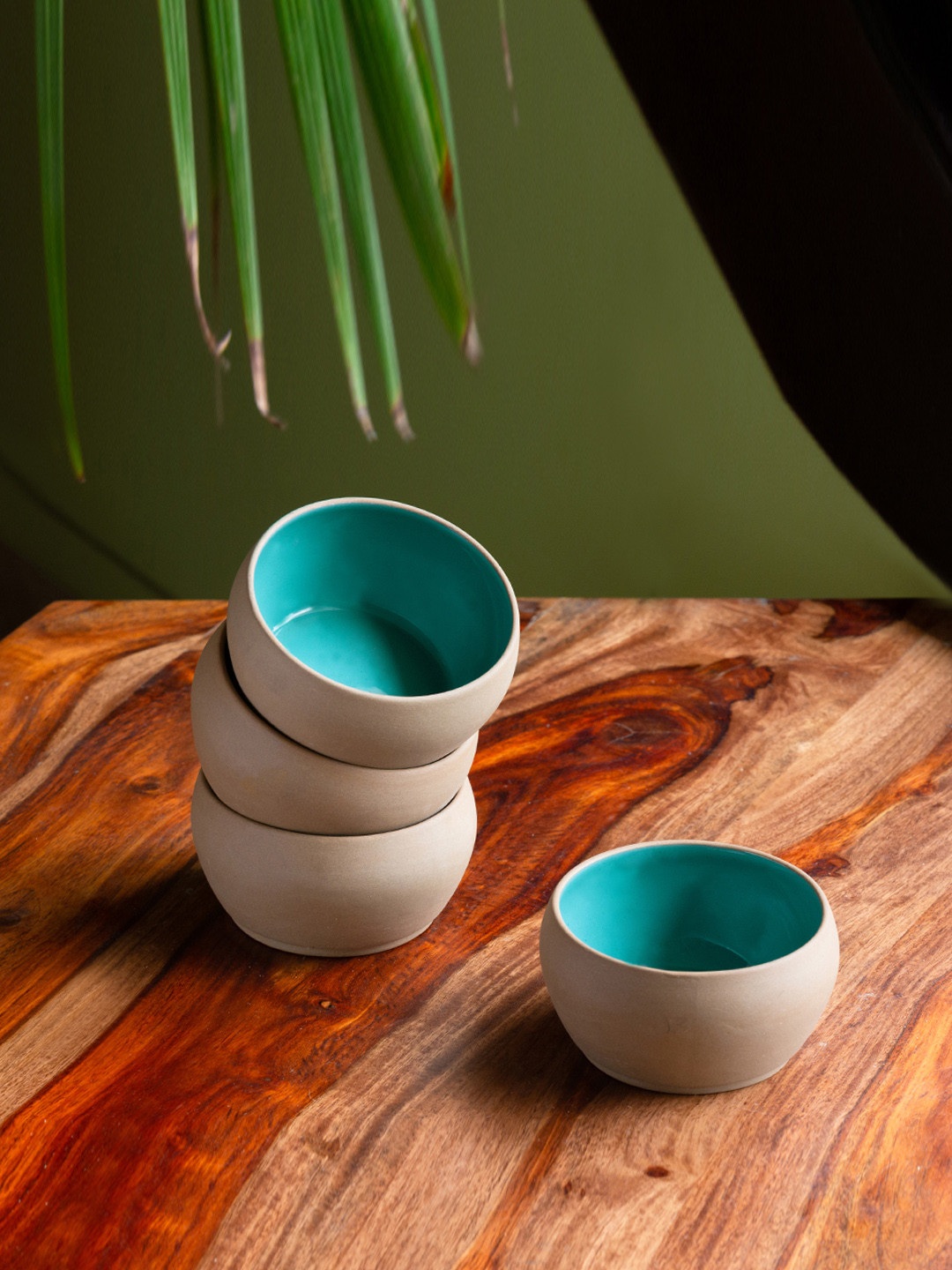 ExclusiveLane Turquoise Blue & Beige Set of 4 Hand Glazed Ceramic Dining Bowls 180 ML Each