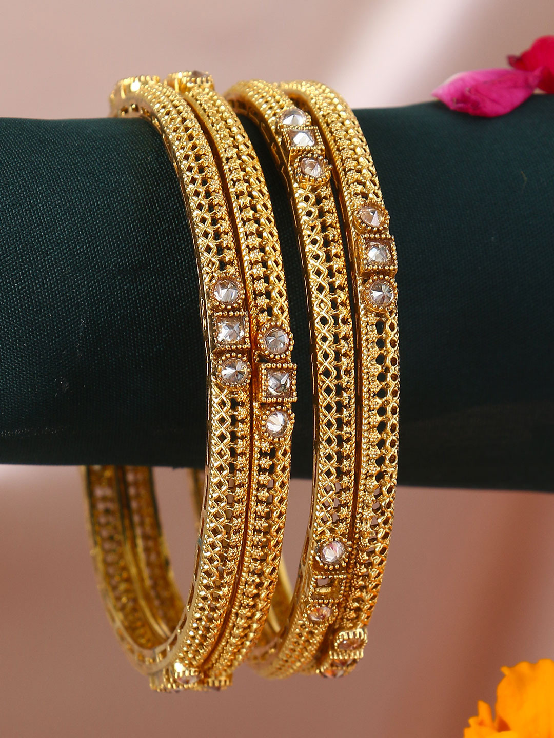 Adwitiya Collection Set Of Four 24 CT Gold-Plated White Stone-Studded Handcrafted Bangles