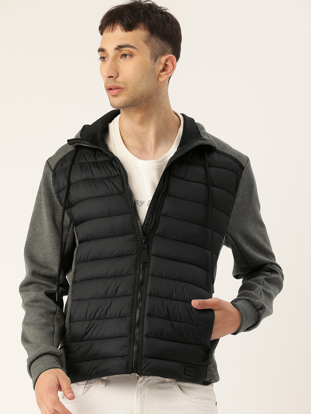 Flying Machine Men Black & Charcoal Grey Colourblocked Hooded Padded Jacket