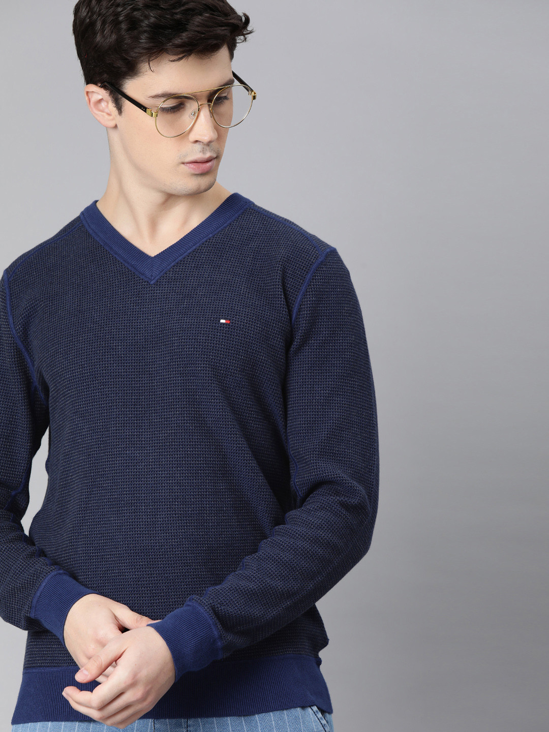 Tommy Hilfiger Men Navy Blue Self Design Pullover Sweater
