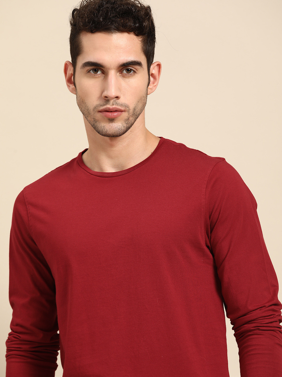 ether Men Maroon Solid Pure Cotton Round Neck T-shirt