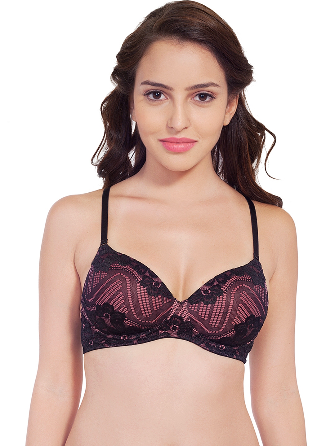 pink and black lace bra