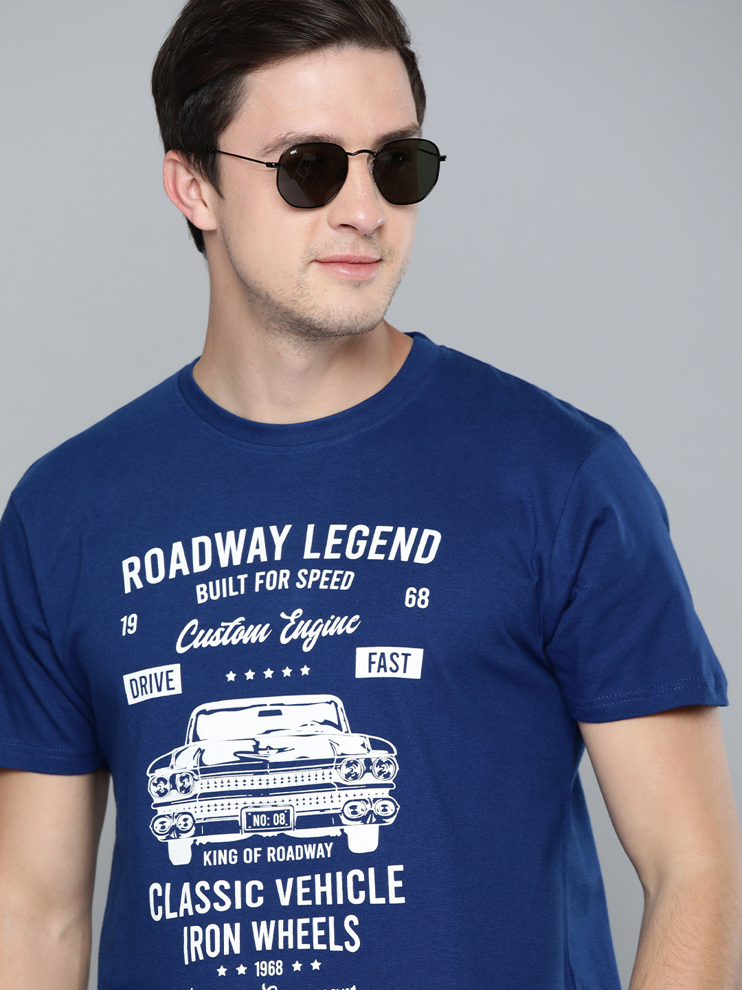 HERENOW Men Blue Printed Round Neck Pure Cotton T-shirt