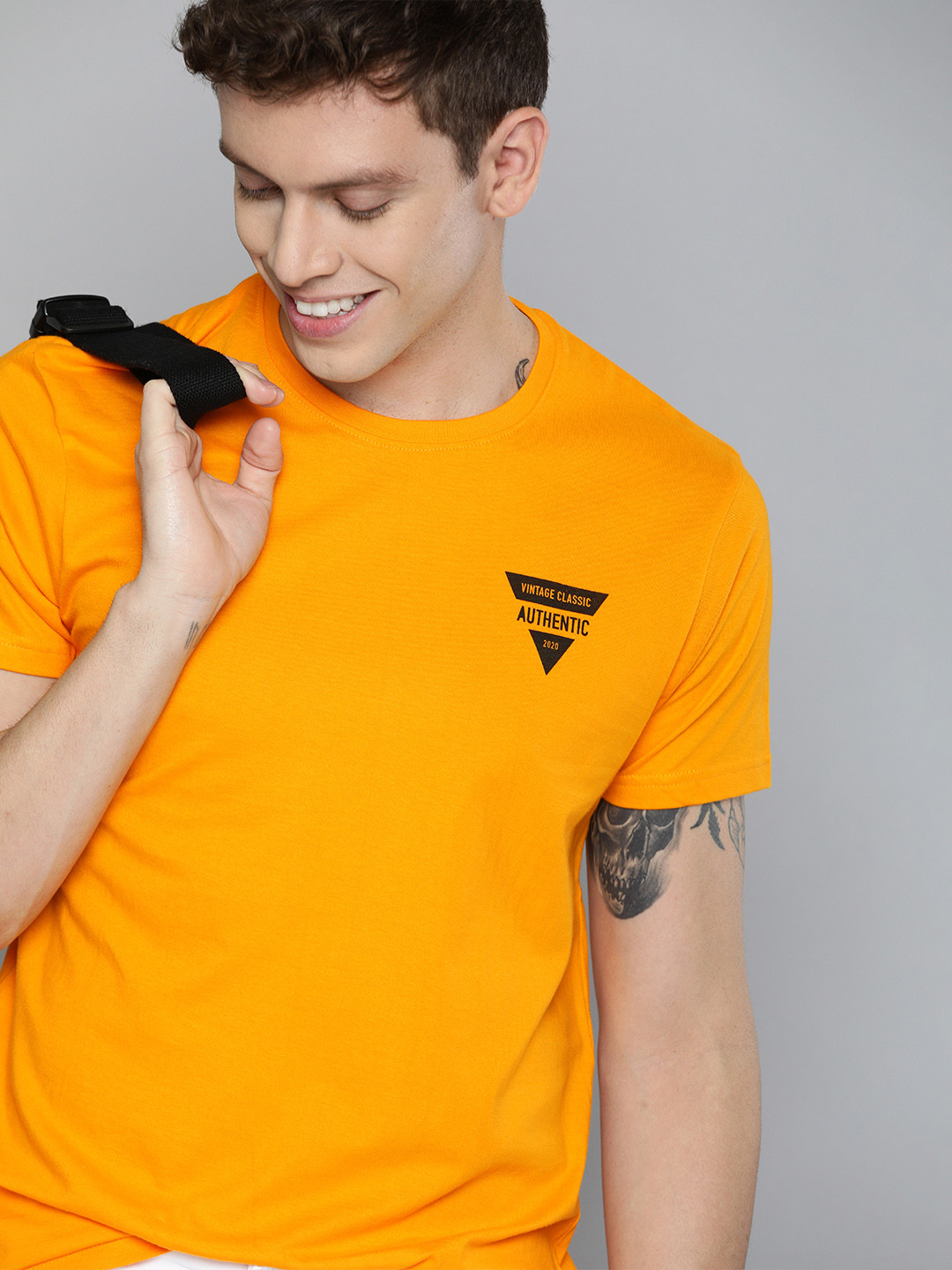HERENOW Men Mustard Yellow Solid Round Neck Pure Cotton T-shirt with Printed Detailing