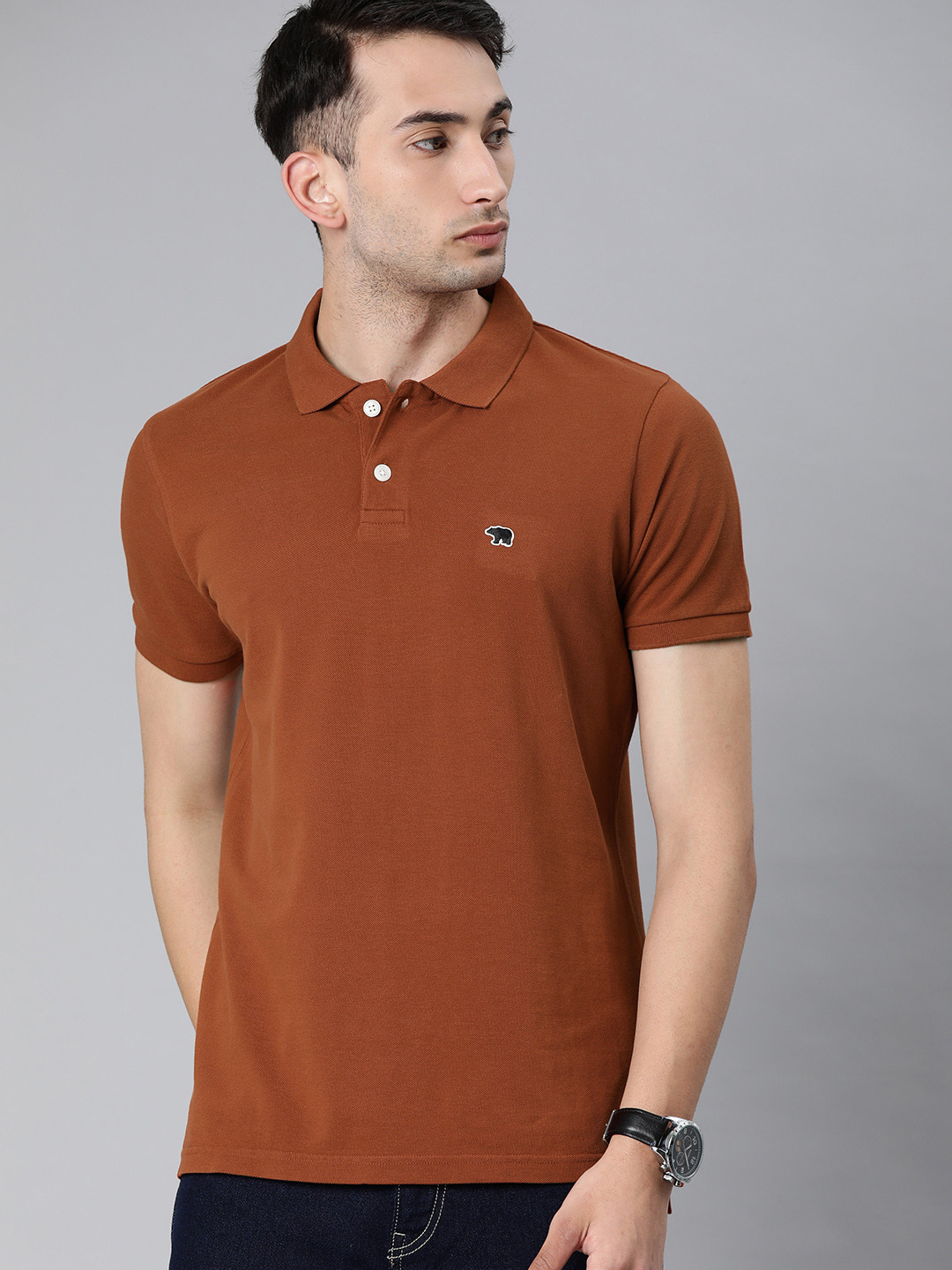 THE BEAR HOUSE Men Rust Brown Solid Polo Collar Pure Cotton Slim Fit T-shirt