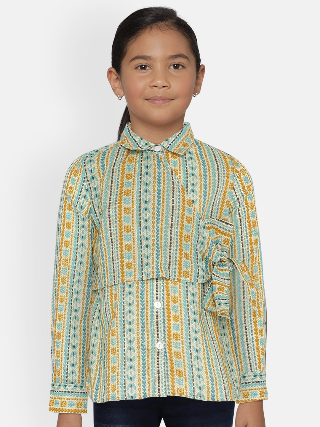 Global Desi Girls Mustard Yellow & Green Printed Wrap Pure Cotton Top