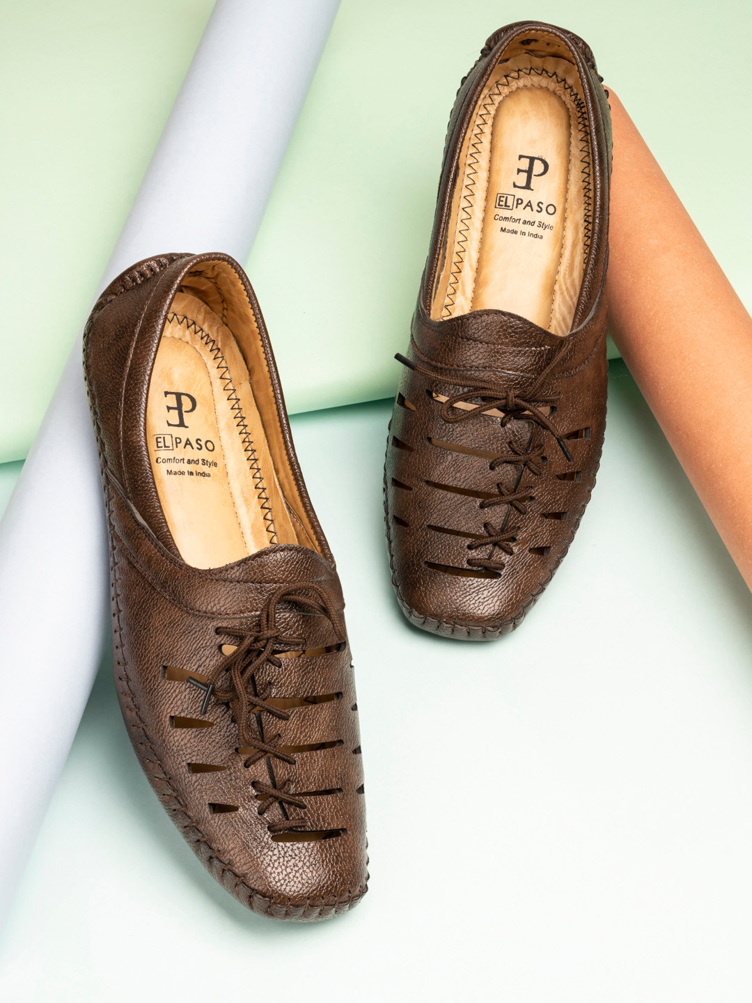 El Paso Men Brown Laser Cut Shoe-Style Sandals