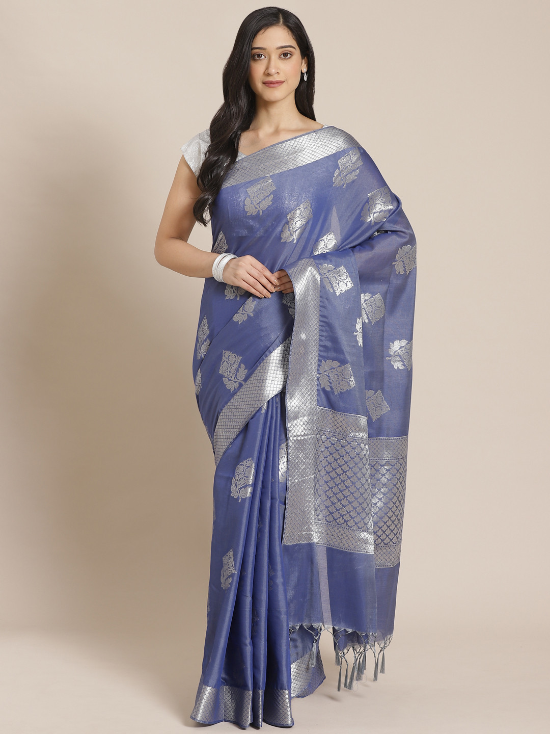 Mitera Blue & Silver Zari Woven Design Banarasi Saree