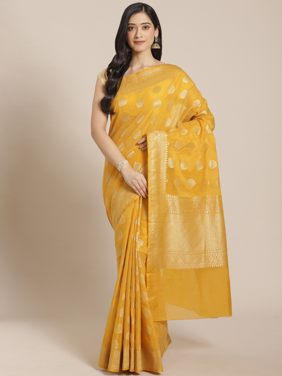 Mitera Mustard Yellow & Golden Zari Woven Design Banarasi Saree