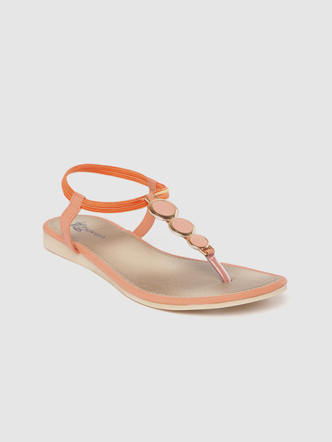 Padvesh Women Peach-Coloured & Gold-Toned Solid T-Strap Flats