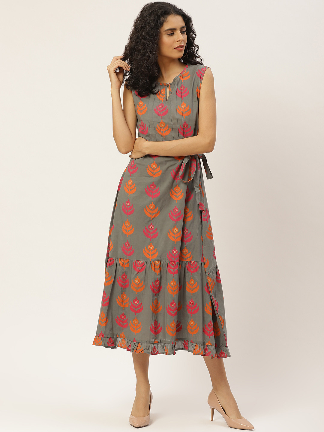 Maaesa Grey & Orange Ethnic Motifs Printed Tiered A-Line Dress