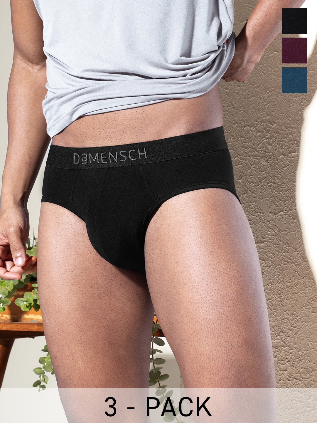 DaMENSCH Pack of 3 DEO-SOFT Solid Premium Egyptian Cotton-Modal Blend Briefs