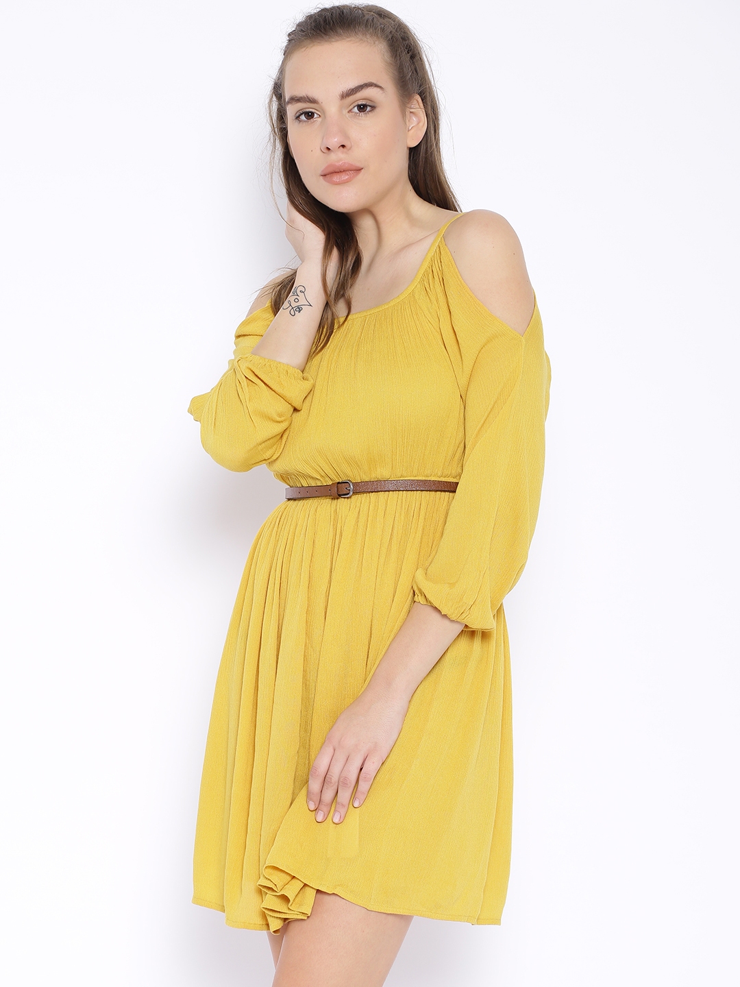 yellow fit and flare dress with sleeves