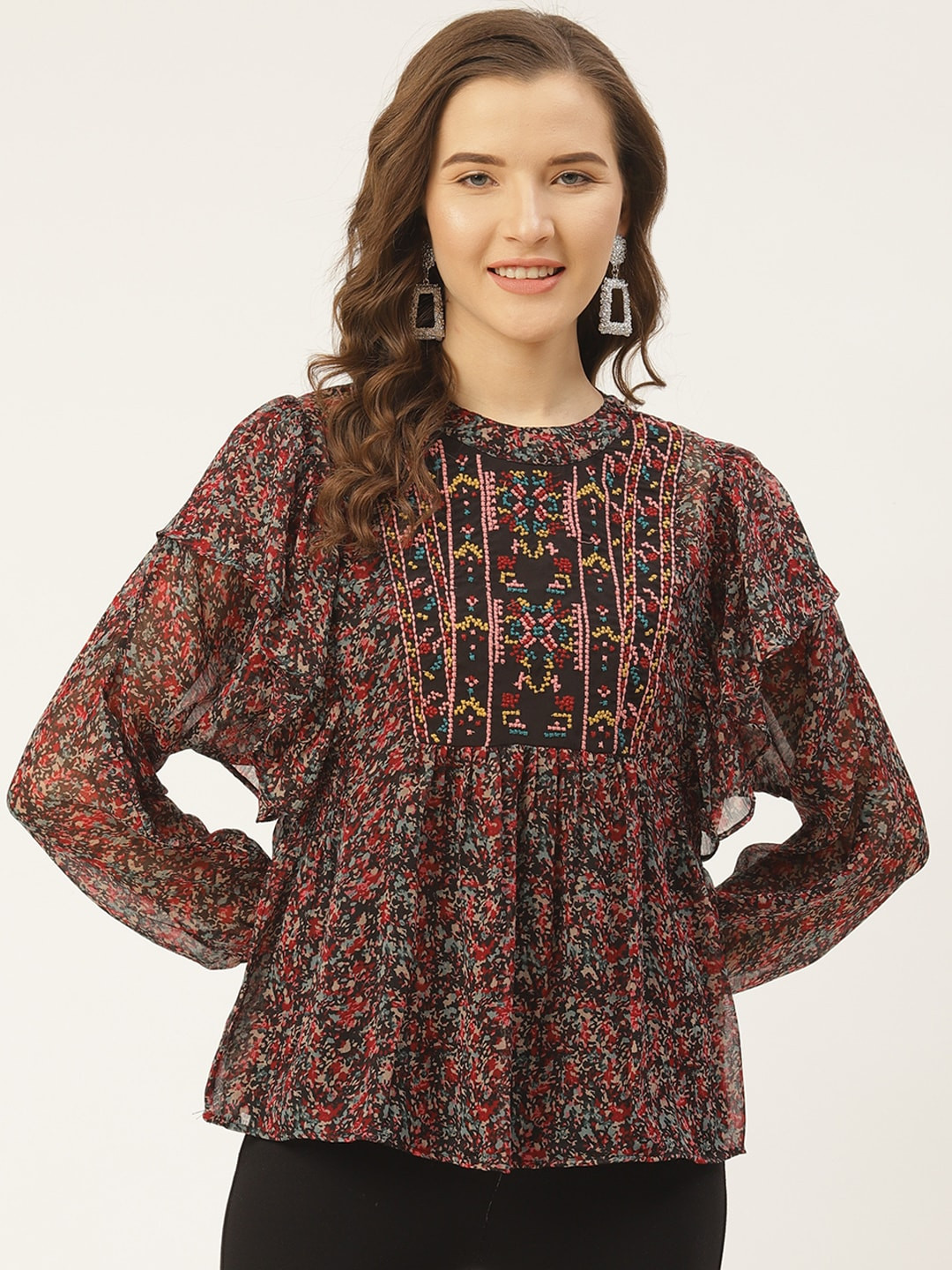 Antheaa Women Black & Red Ruffled Printed Top