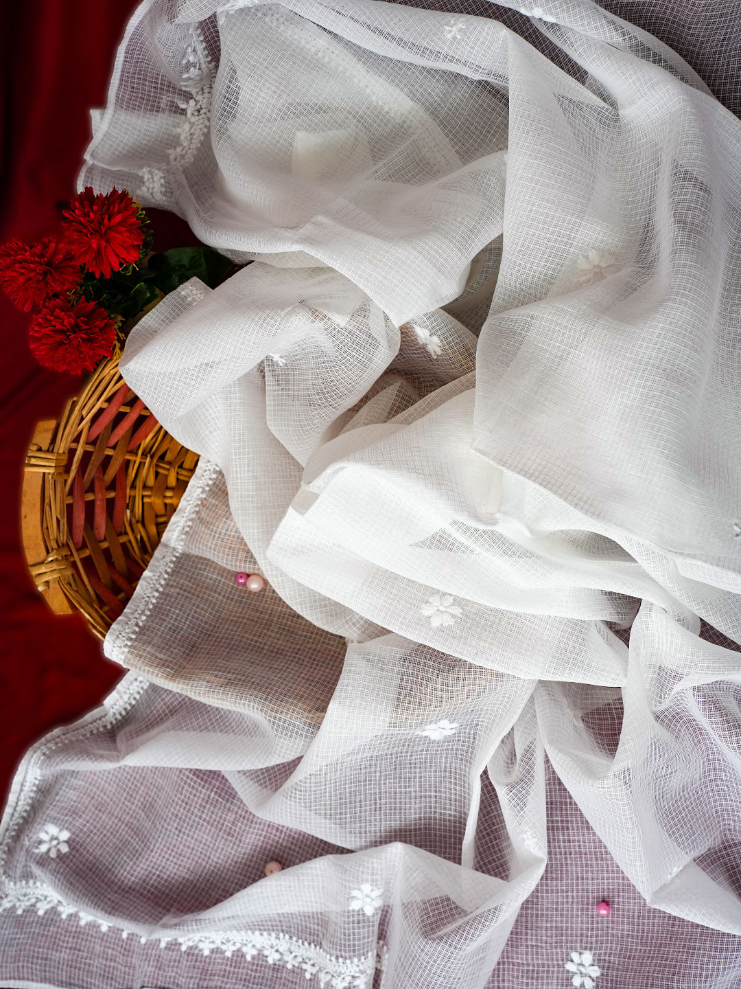 ADA White Chikankari Hand Embroidered  Kota Dupatta