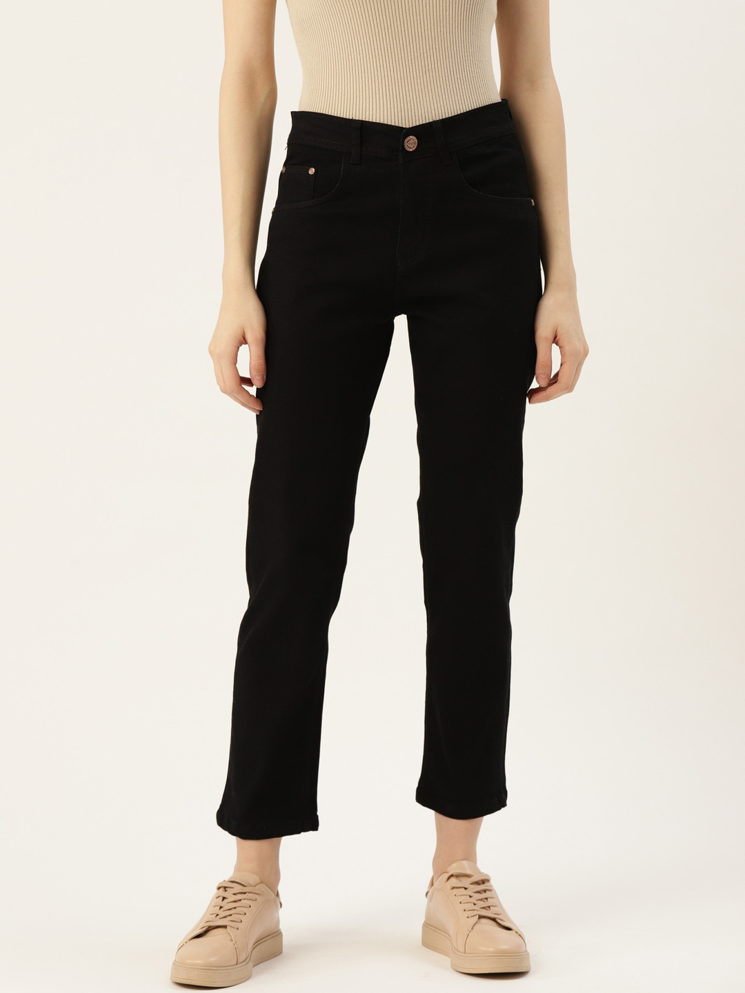 PARIS HAMILTON Women Black Boyfriend Fit High-Rise Clean Look Cropped Stretchable Jeans