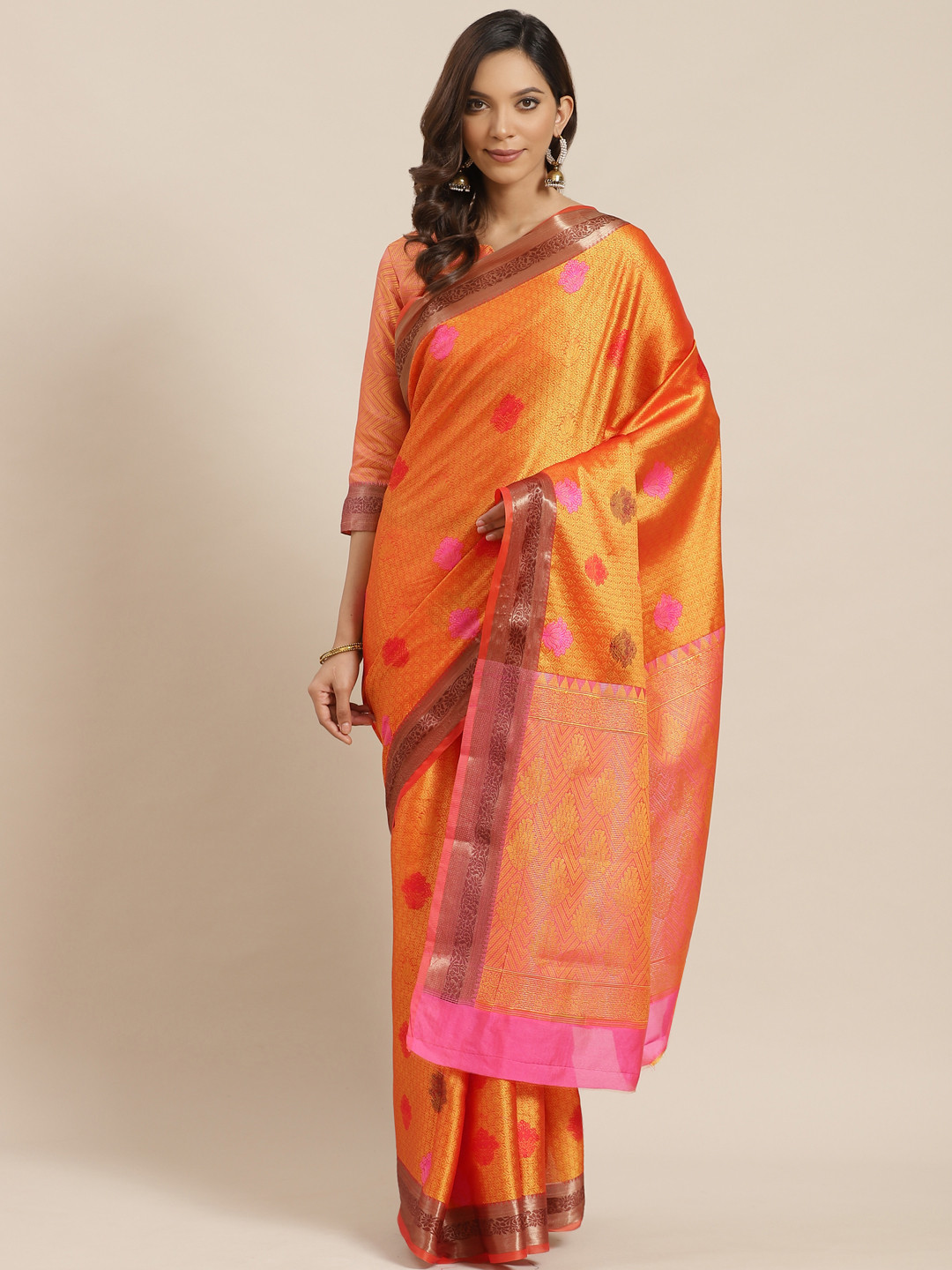 Mitera Orange & Golden Zari Woven Design Banarasi Saree