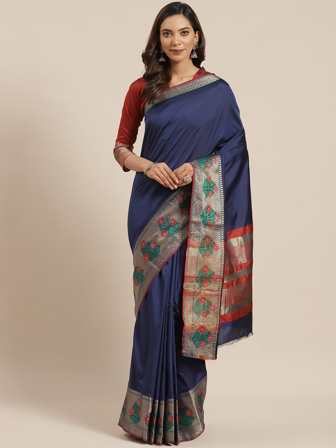 Blissta Navy Blue Solid Banarasi Celebrity Saree