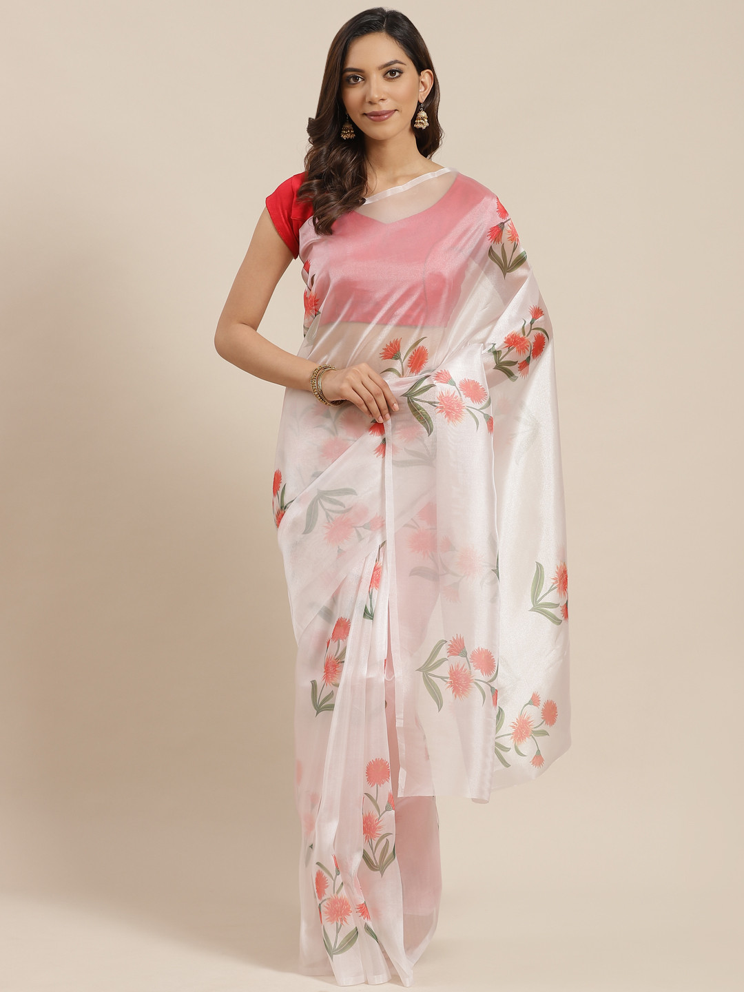 Mitera Off-White & Red Organza Floral Print Celebrity Saree