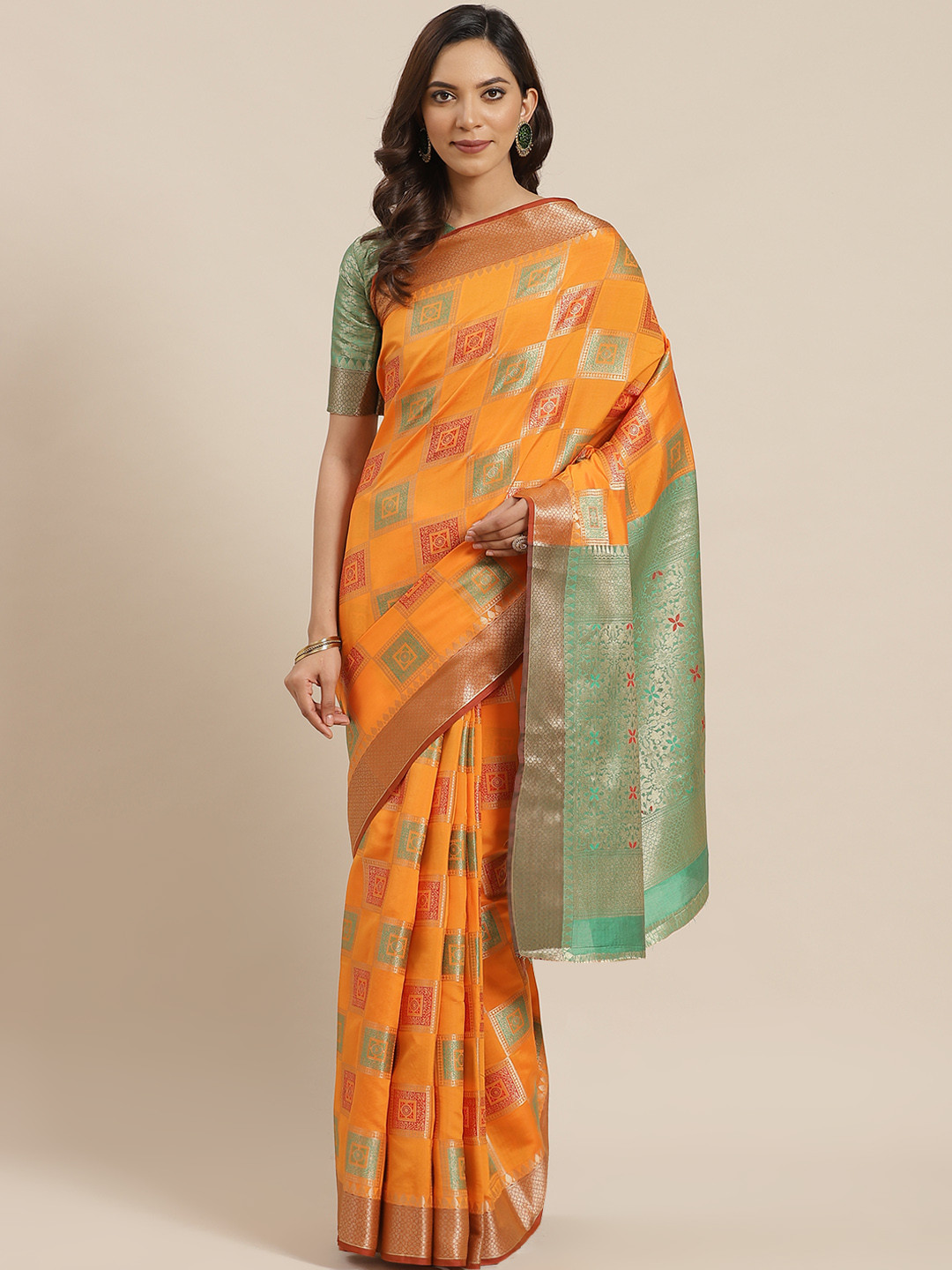 Mitera Orange & Golden Zari Woven Design Banarasi Celebrity Saree